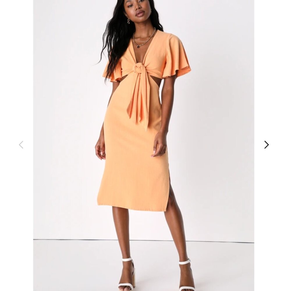 Summer Journey Light Orange Tie-Front Cutout Midi Dress
